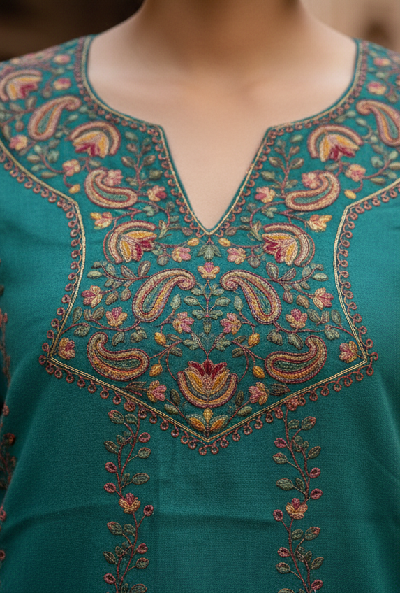 Naazreen Aqua - Cashmilon Wool Sozni Embroidered Pheran