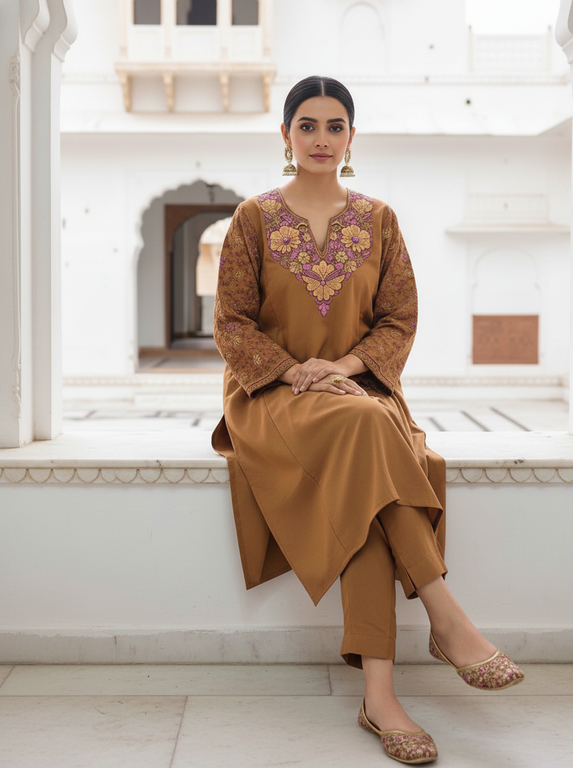Gulbahaar Italiya – Italian Woollen Pheran with Intricate Sozni Needlework Embroidery