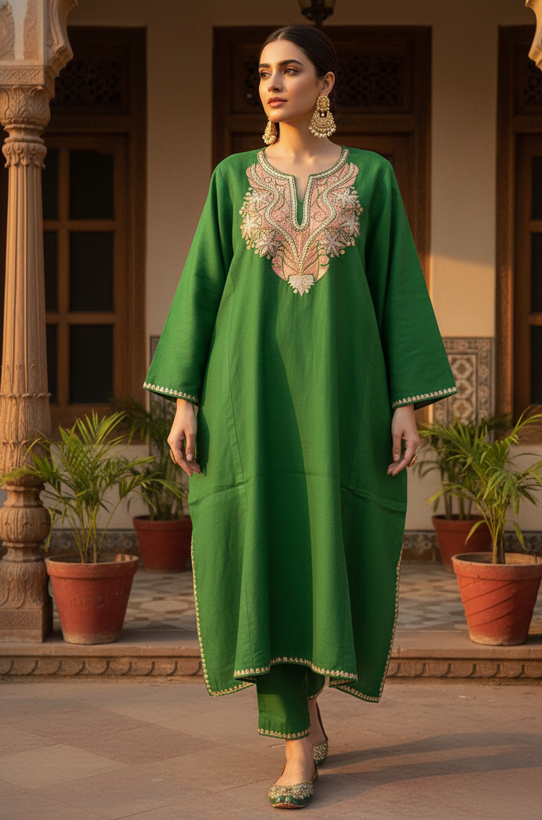 Sabzé Tilla – Pure Raffal Wool Pheran with Kashmiri Tilla Embroidery