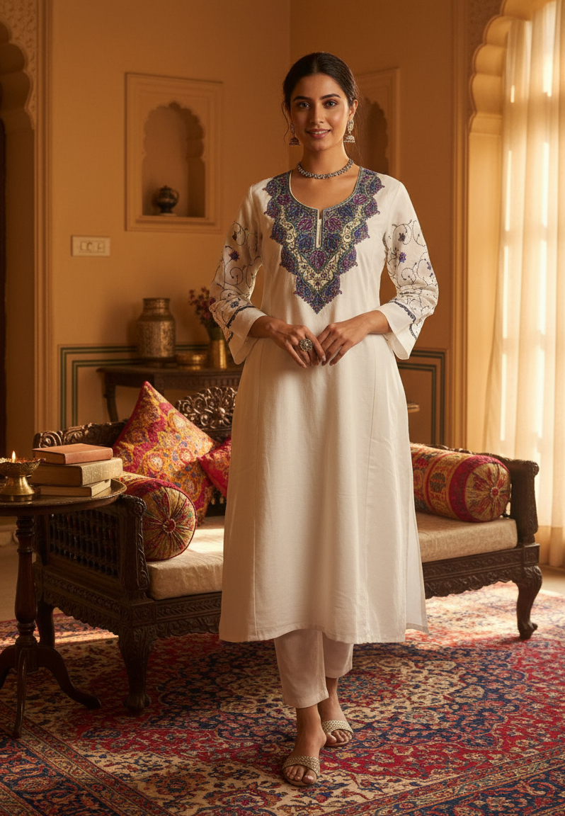 Safaidé Sozni – Woollen Pheran with Intricate Kashmiri Sozni Needlework