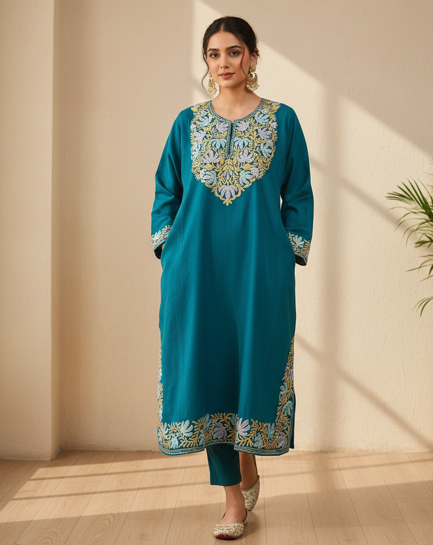 Firozah Chinar-Kari – Woollen Pheran with Kashmiri Chinar Aari Embroidery