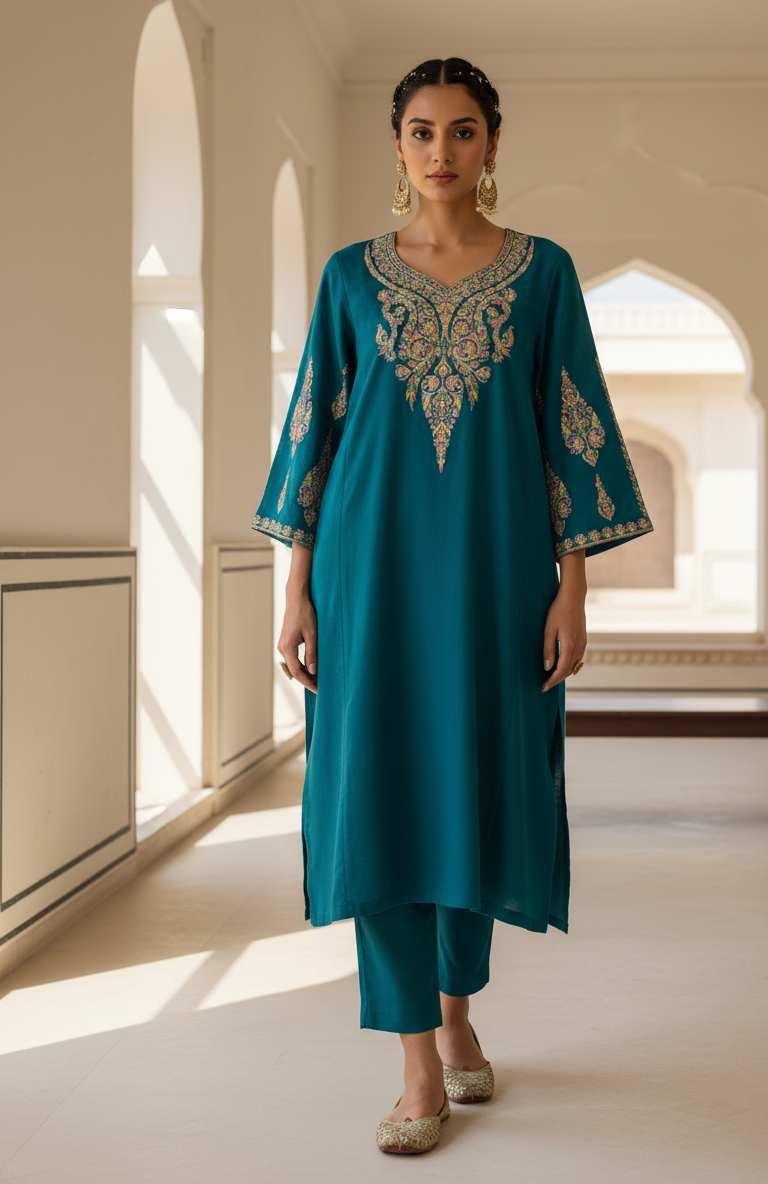 Neelkanth-e-Zeenat Kashmiri Sozni Embroidered Pheran