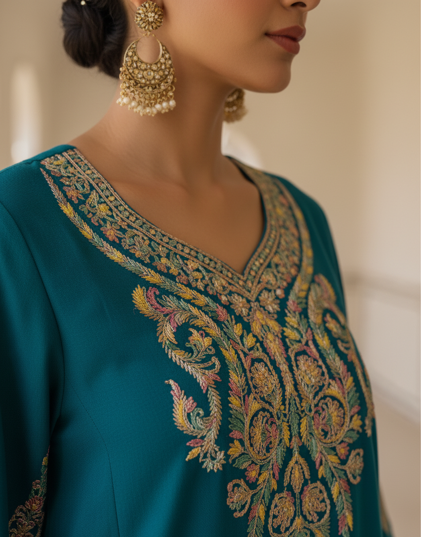 Neelkanth-e-Zeenat Kashmiri Sozni Embroidered Pheran