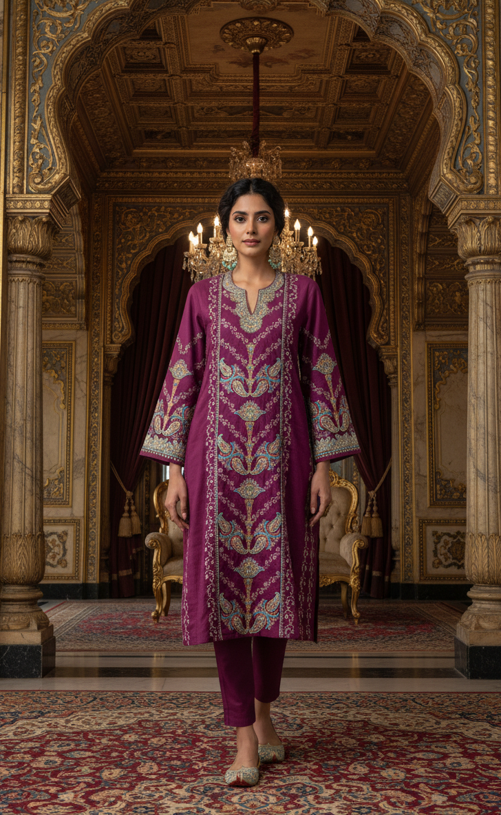 Takht-e-Sheesh Mahal Heavy Sozni Embroidered Pheran