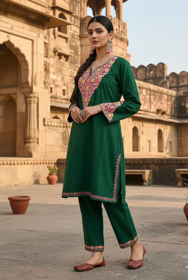 Gulzar-e-Zamarud Kashmiri Aari Embroidered Pheran Set