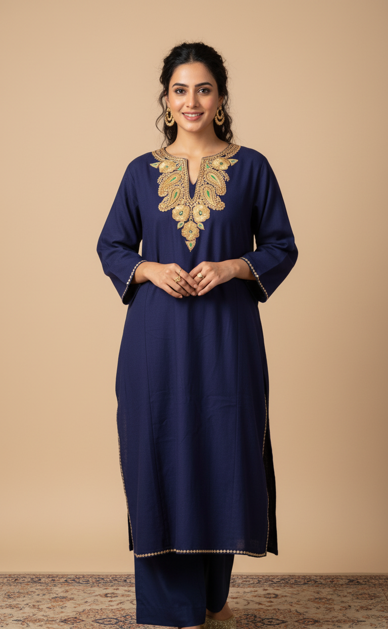 Naqsh Kashmiri Golden Aari Embroidered Navy Pheran