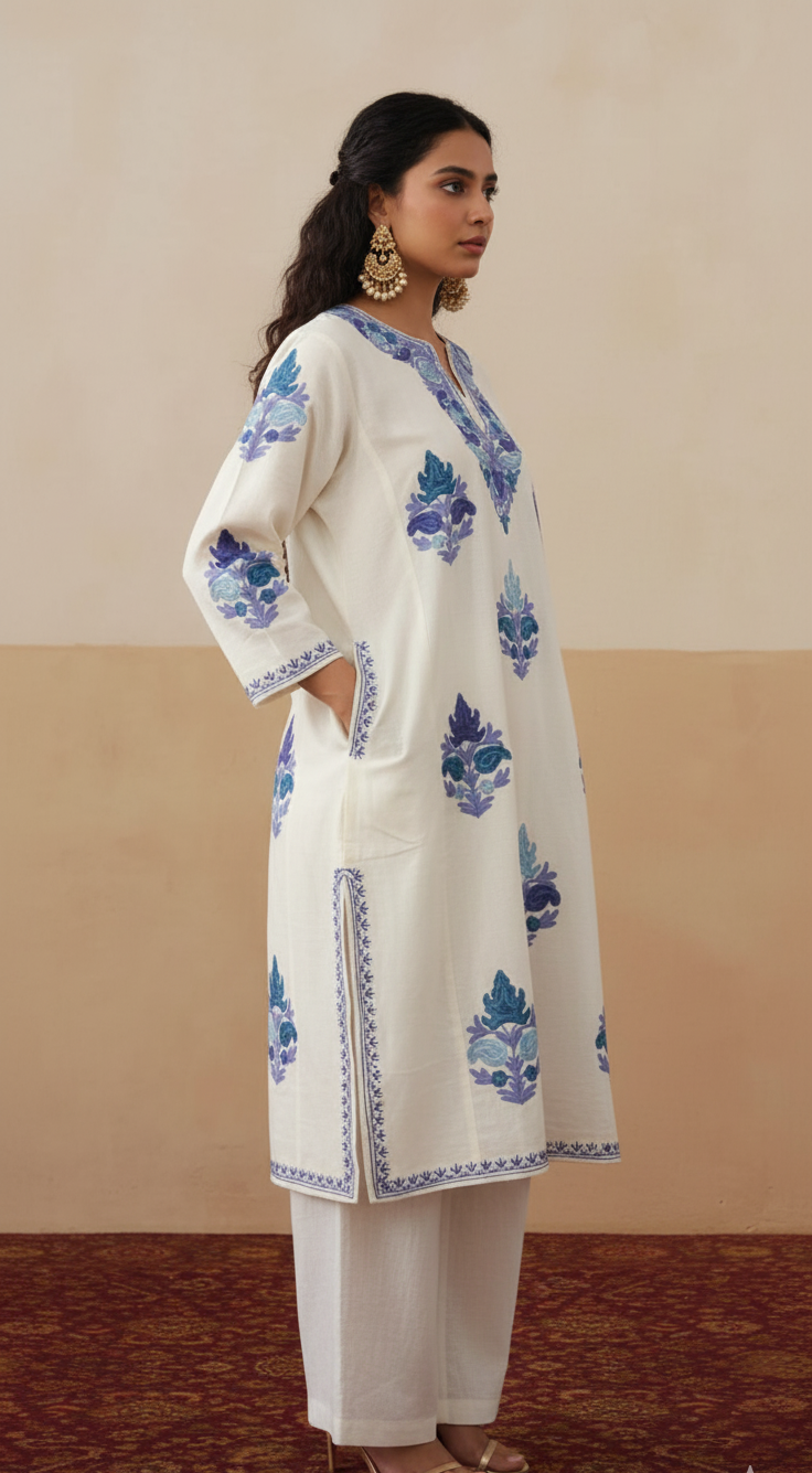 Noor Kashmiri Blue Aari Embroidered Ivory Pheran
