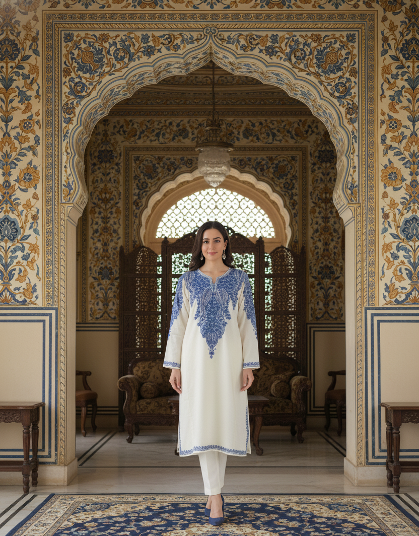 Neelbhram - The Kashmiri Aari Pheran in Ivory and Indigo