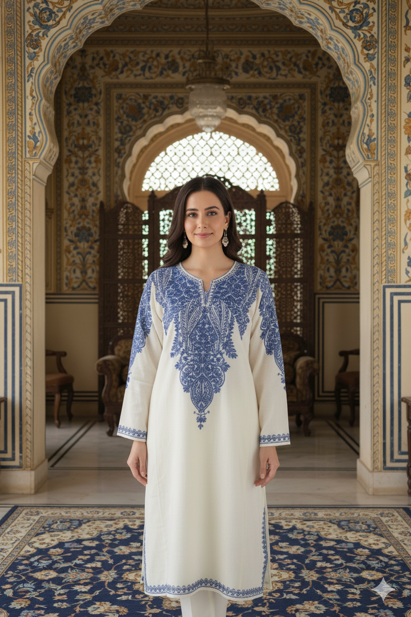 Neelbhram - The Kashmiri Aari Pheran in Ivory and Indigo