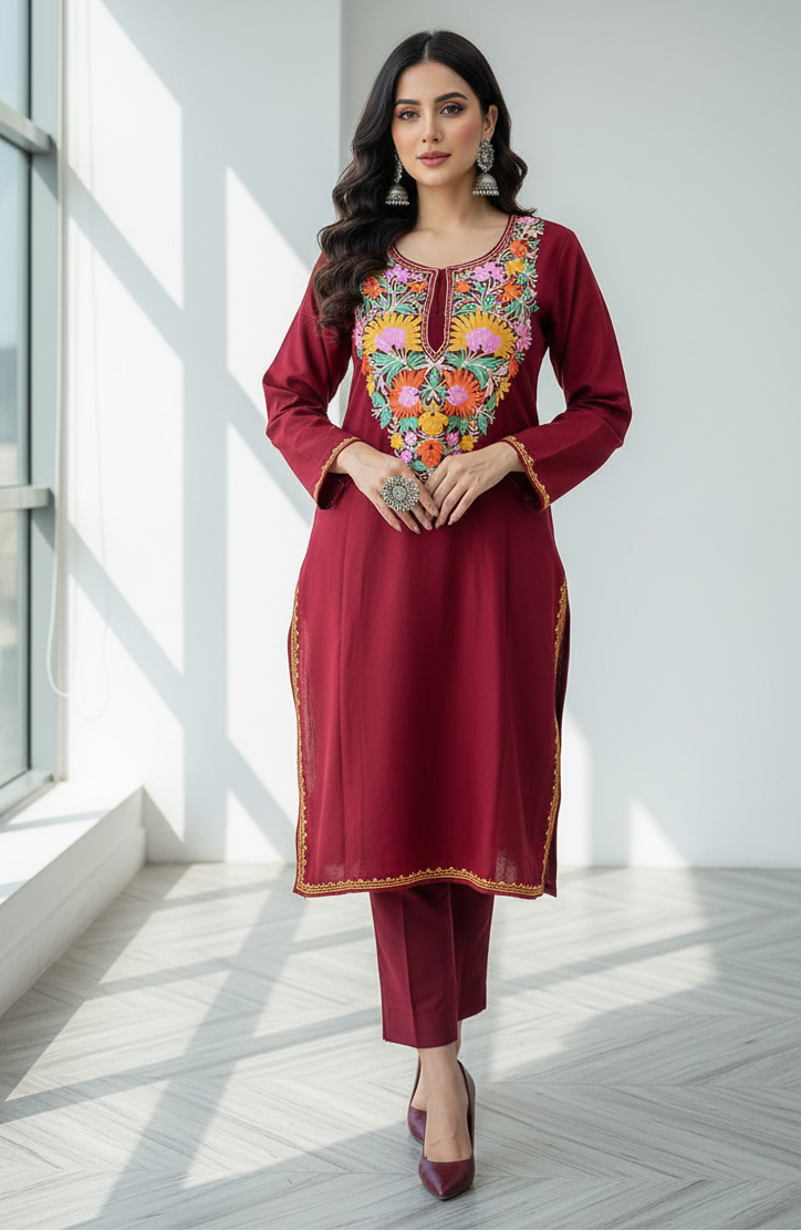 Ishqa Kashmiri Multicolour Aari Embroidered Maroon Pheran
