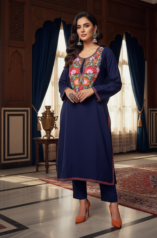 Aariza Kashmiri Multicolour Aari Embroidered Blue Pheran