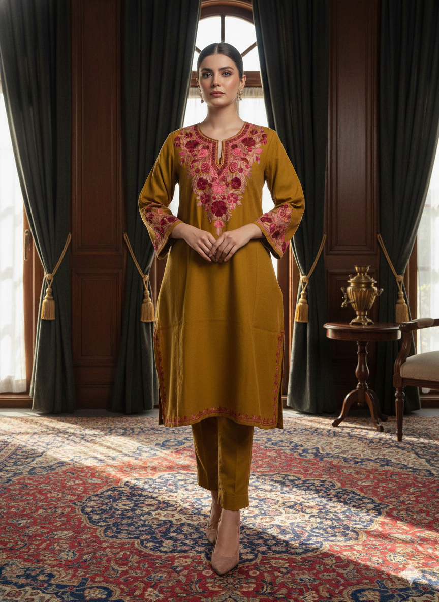 Inaaya Kashmiri Pink Aari Embroidered Mustard Pheran