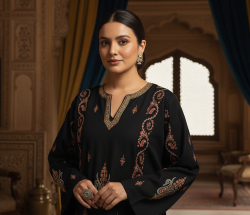 Afsheen Kashmiri Sozni Embroidered Black Pheran