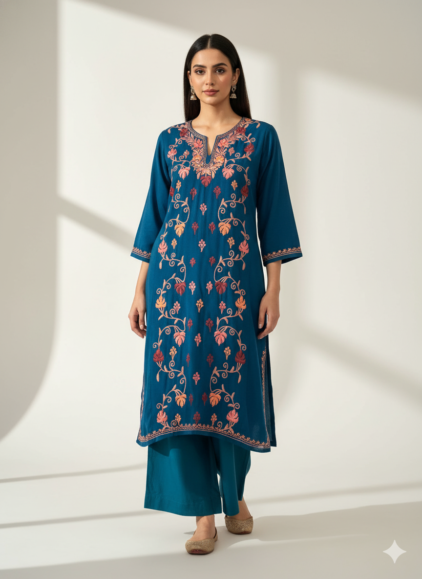 Zehra Kashmiri Aari Embroidered Teal Blue Pheran