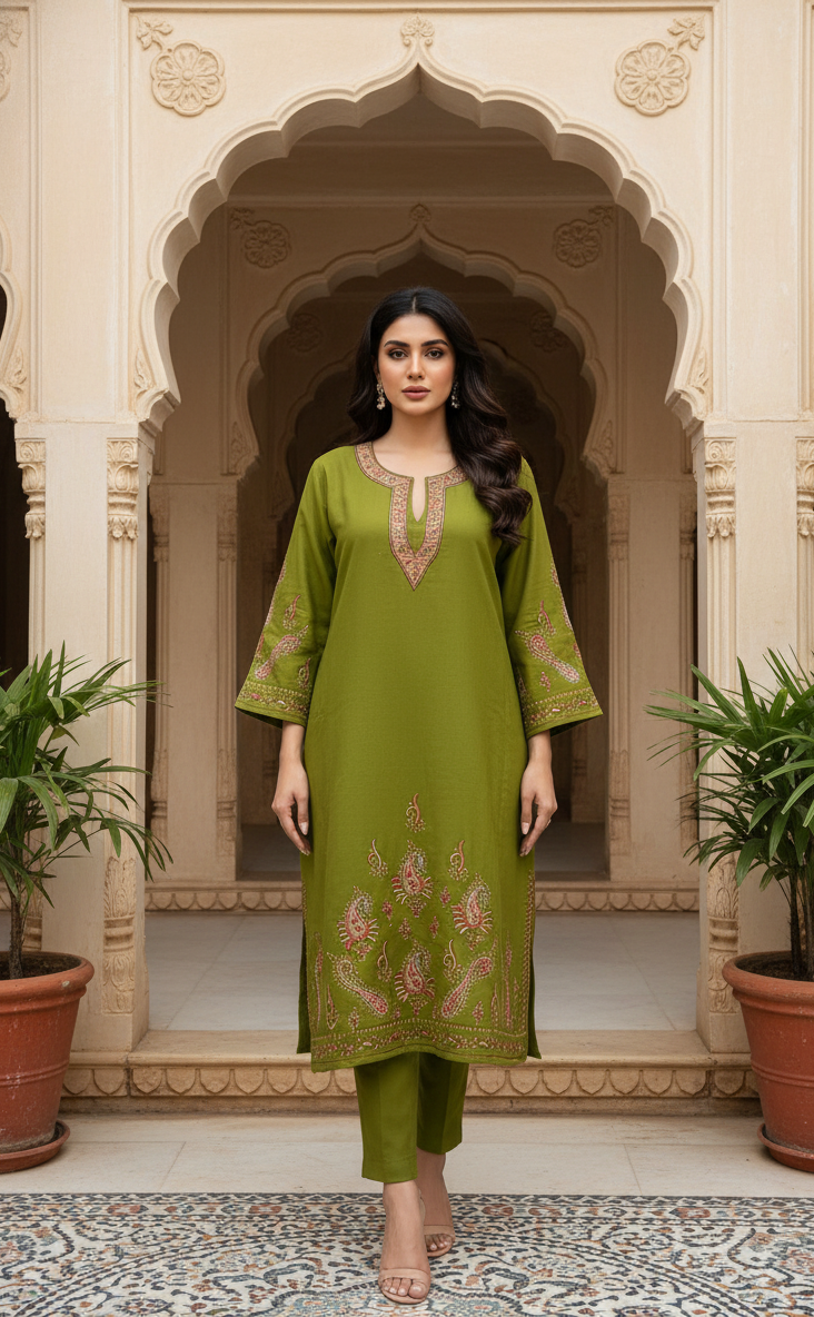 Pure Raffal Wool Gulaabkaar Handwork Sozni Embroidery Pheran