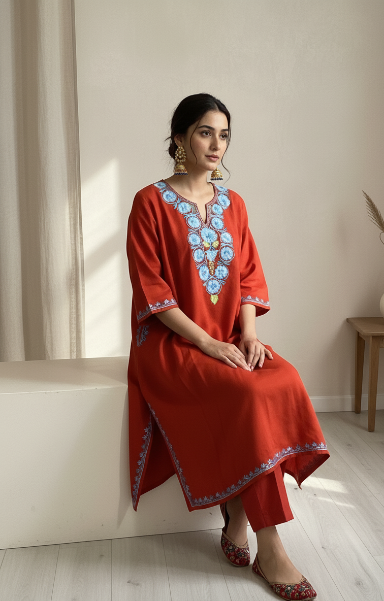 Gulaab-e-Neelhaar Bloomed Neckline Pheran