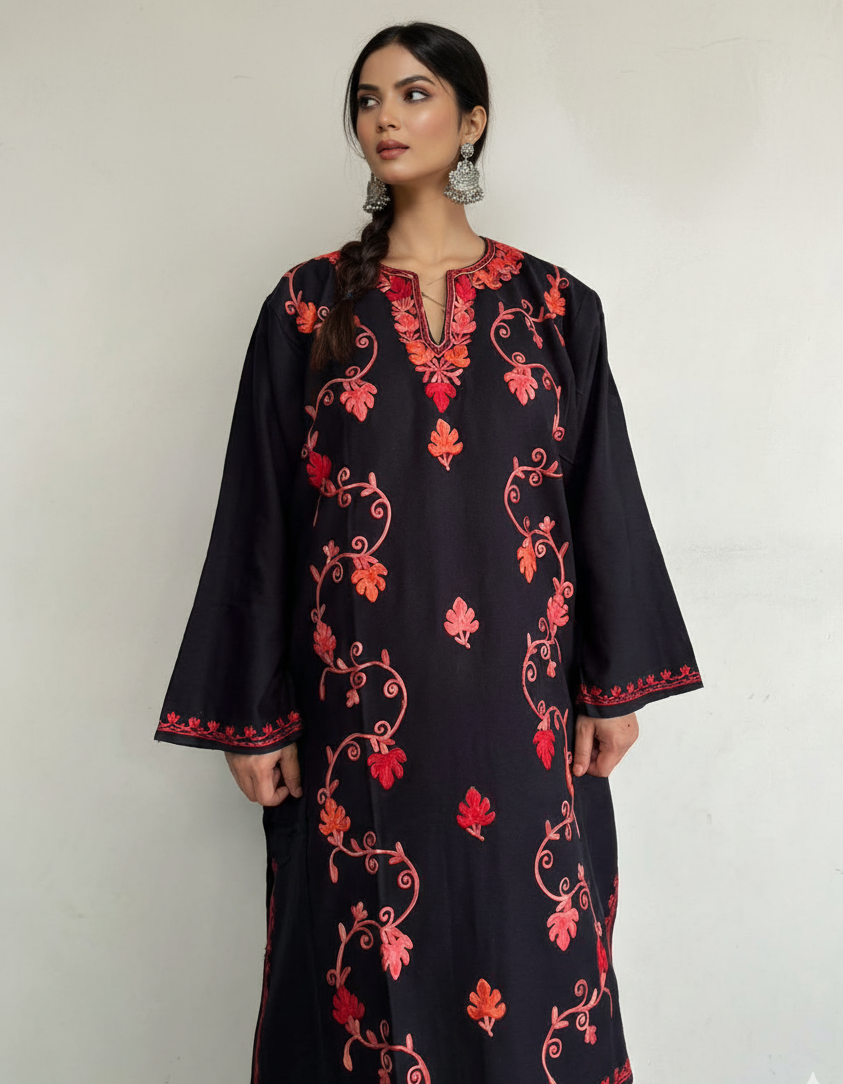 Lalkaar Kashmiri Red Aari Embroidered Black Pheran