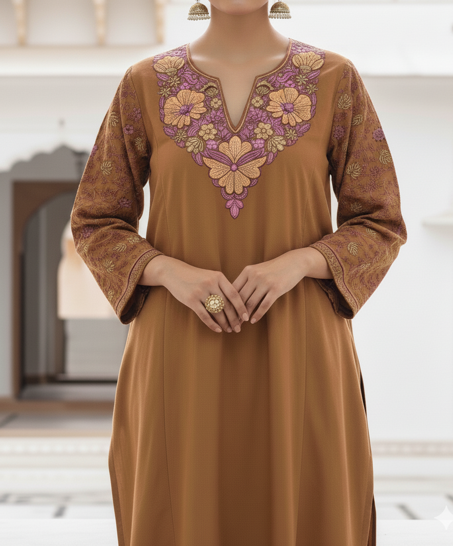 Gulbahaar Italiya – Italian Woollen Pheran with Intricate Sozni Needlework Embroidery