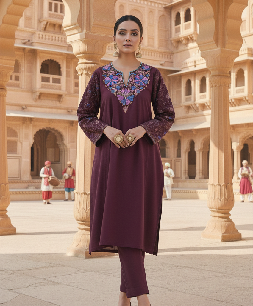Rangbaaz Ferozi – Italian Woollen Pheran with Intricate Sozni Needlework Embroidery