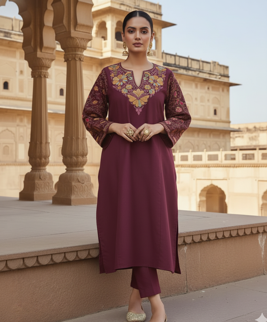 Mehrooné Italiya – Italian Woollen Pheran with Intricate Sozni Needlework Embroidery