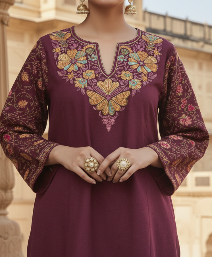 Mehrooné Italiya – Italian Woollen Pheran with Intricate Sozni Needlework Embroidery