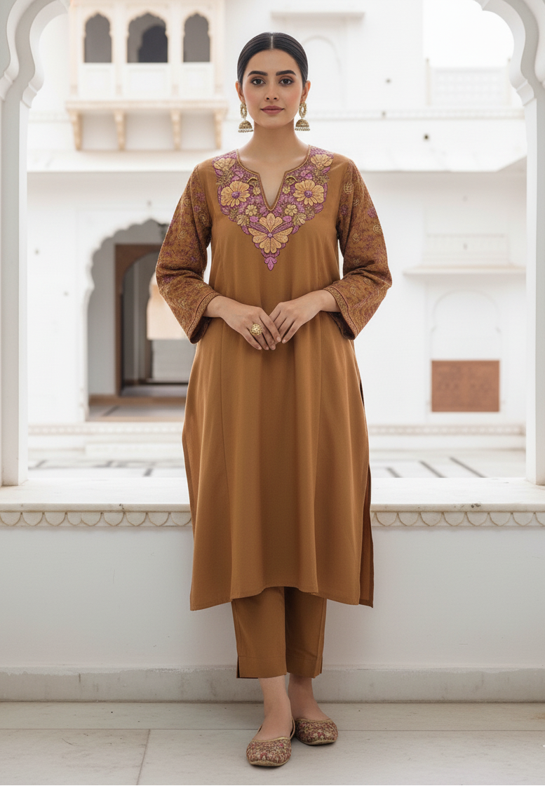 Gulbahaar Italiya – Italian Woollen Pheran with Intricate Sozni Needlework Embroidery