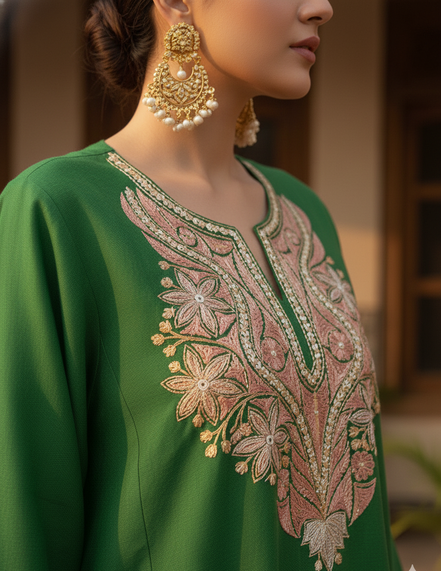 Sabzé Tilla – Pure Raffal Wool Pheran with Kashmiri Tilla Embroidery