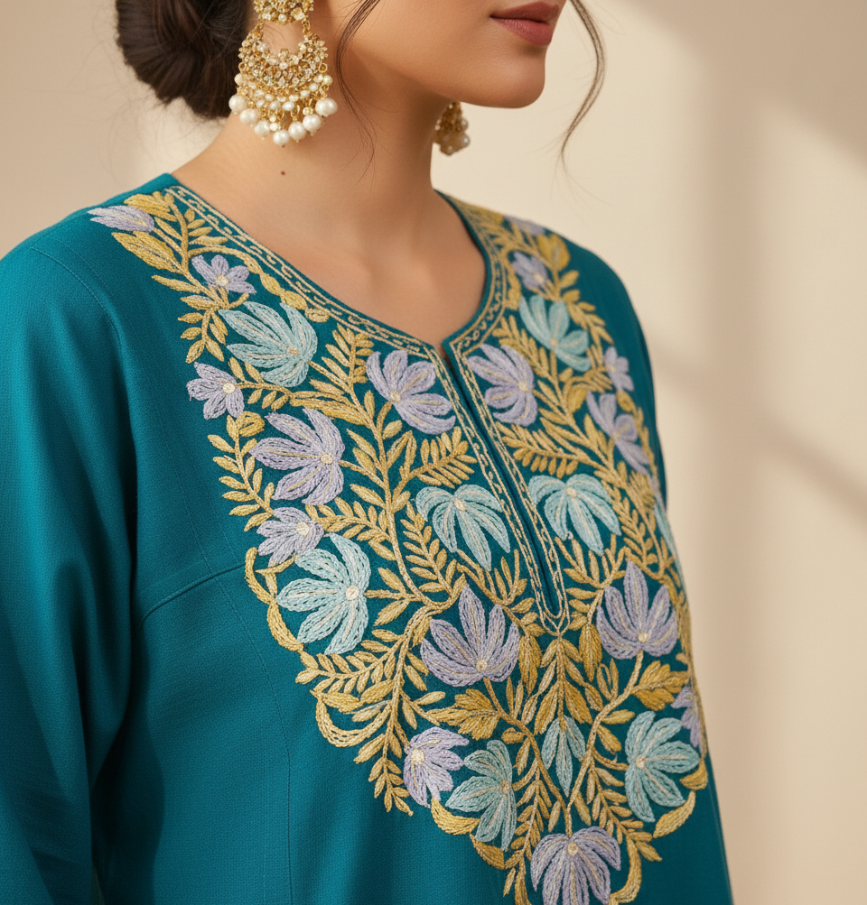 Firozah Chinar-Kari – Woollen Pheran with Kashmiri Chinar Aari Embroidery