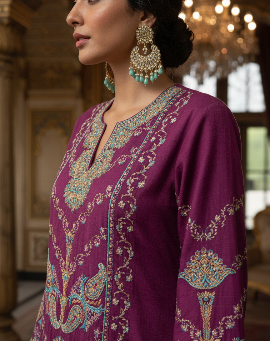 Takht-e-Sheesh Mahal Heavy Sozni Embroidered Pheran