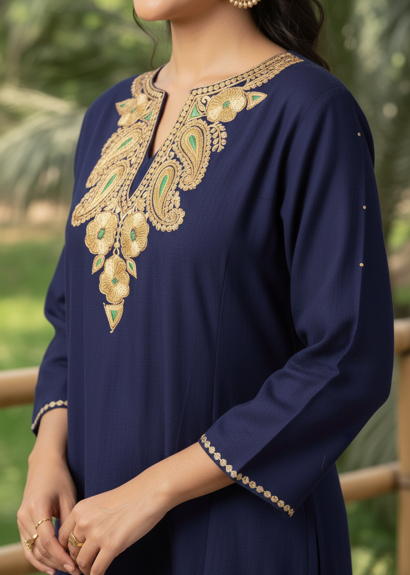 Naqsh Kashmiri Golden Aari Embroidered Navy Pheran