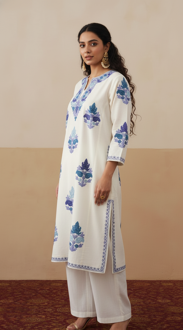 Noor Kashmiri Blue Aari Embroidered Ivory Pheran