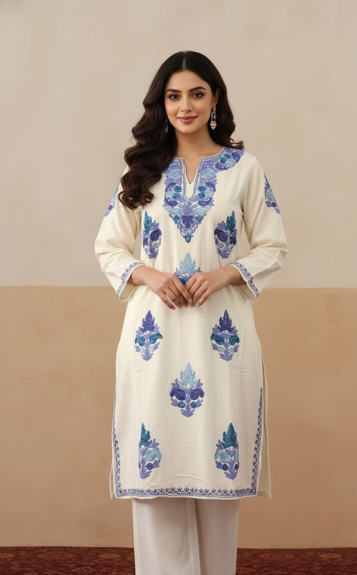 Noor Kashmiri Blue Aari Embroidered Ivory Pheran