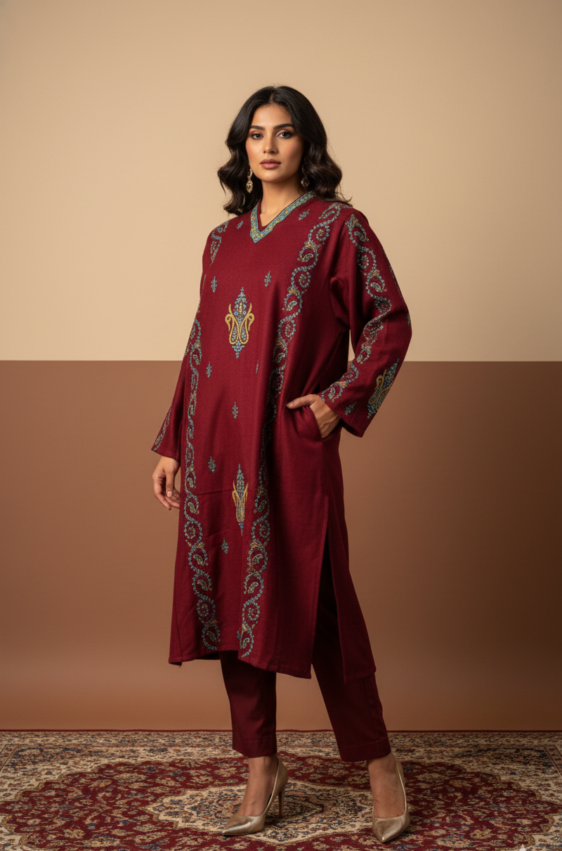 Sufiya Kashmiri Aari Embroidered Maroon Pheran