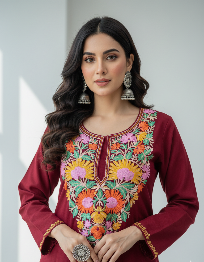 Ishqa Kashmiri Multicolour Aari Embroidered Maroon Pheran
