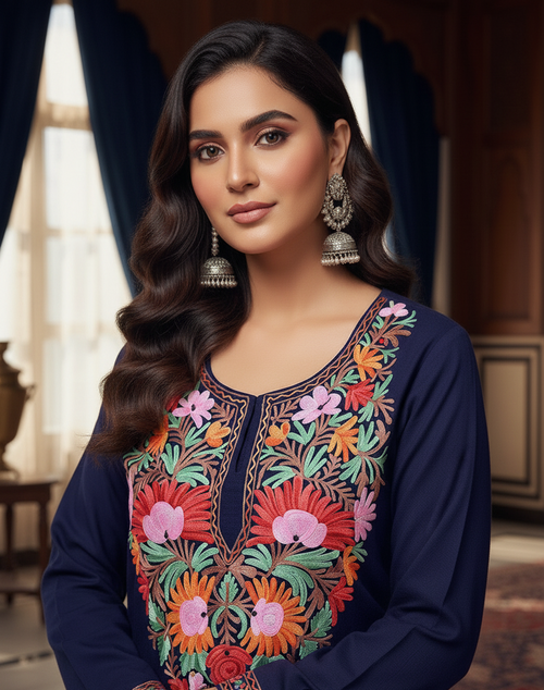 Aariza Kashmiri Multicolour Aari Embroidered Blue Pheran