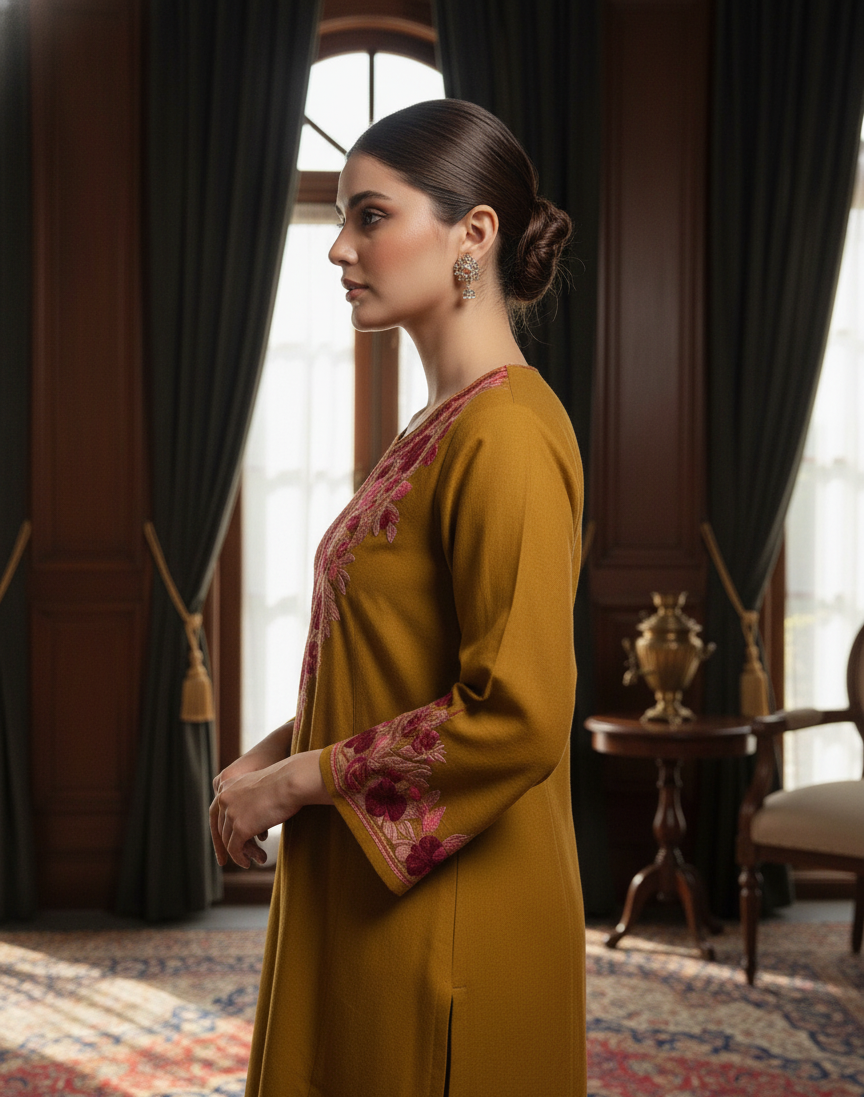 Inaaya Kashmiri Pink Aari Embroidered Mustard Pheran