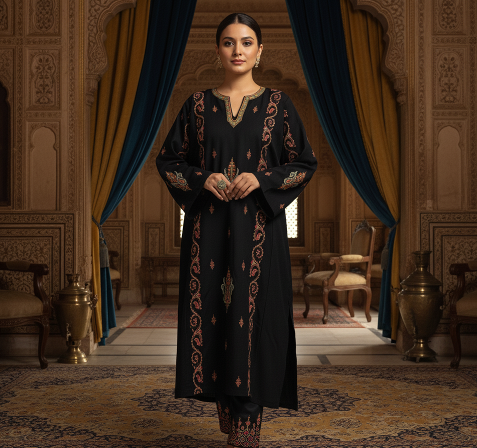 Afsheen Kashmiri Sozni Embroidered Black Pheran