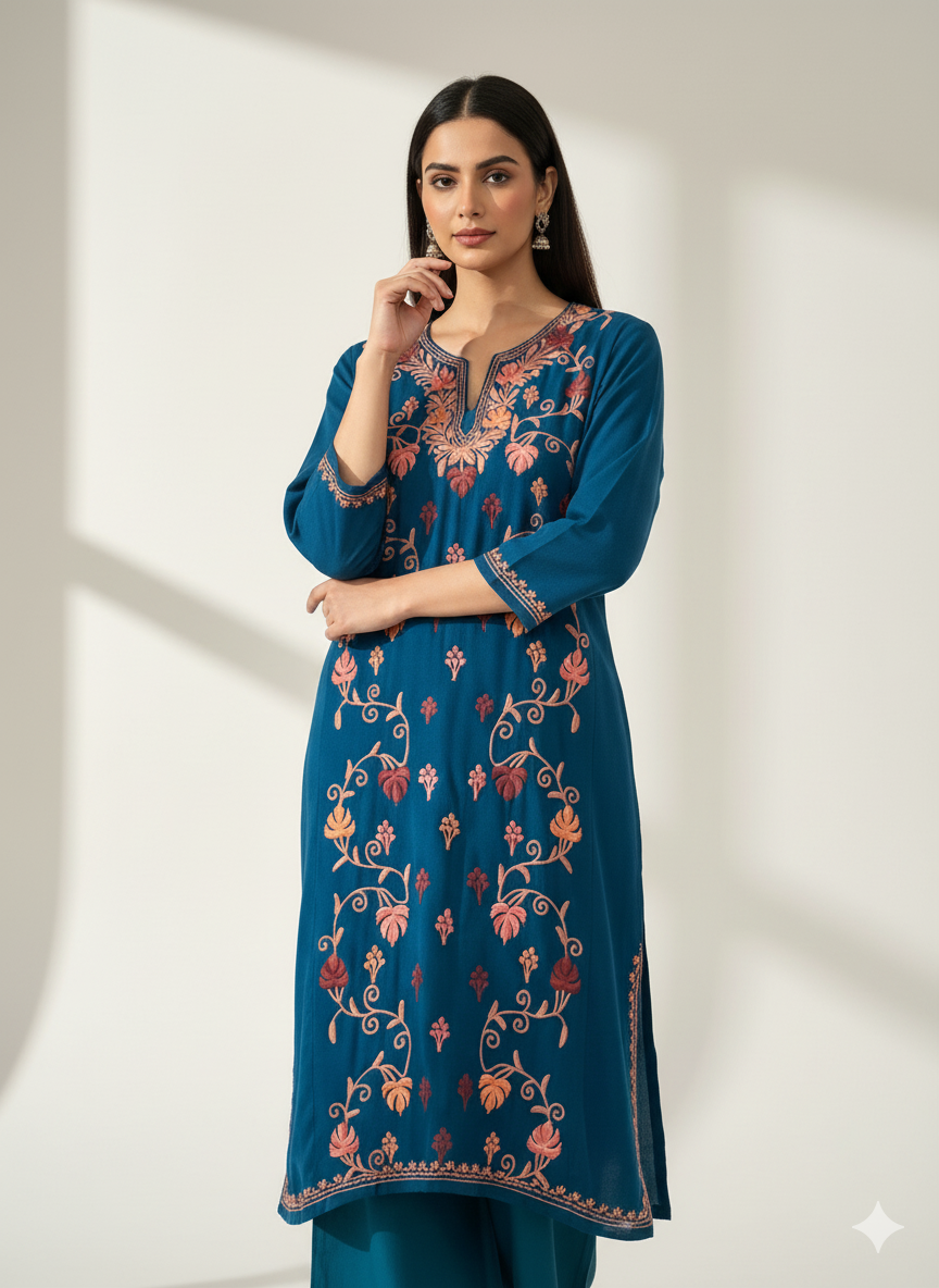 Zehra Kashmiri Aari Embroidered Teal Blue Pheran