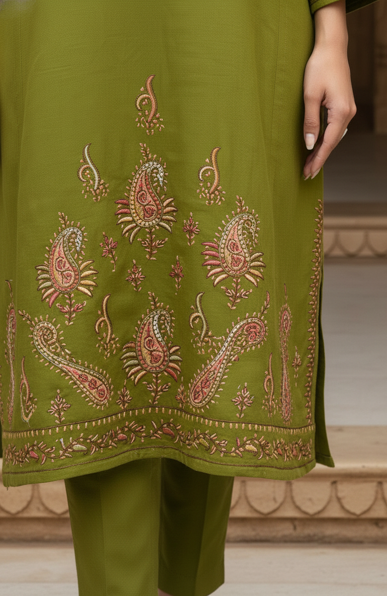 Pure Raffal Wool Gulaabkaar Handwork Sozni Embroidery Pheran