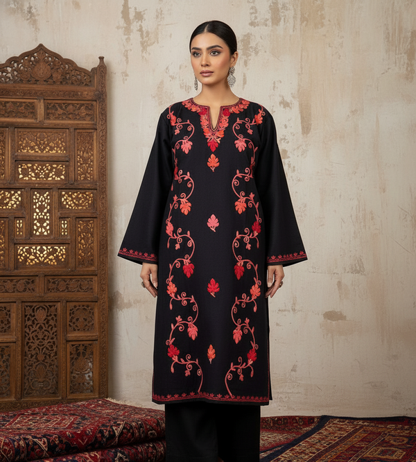 Lalkaar Kashmiri Red Aari Embroidered Black Pheran